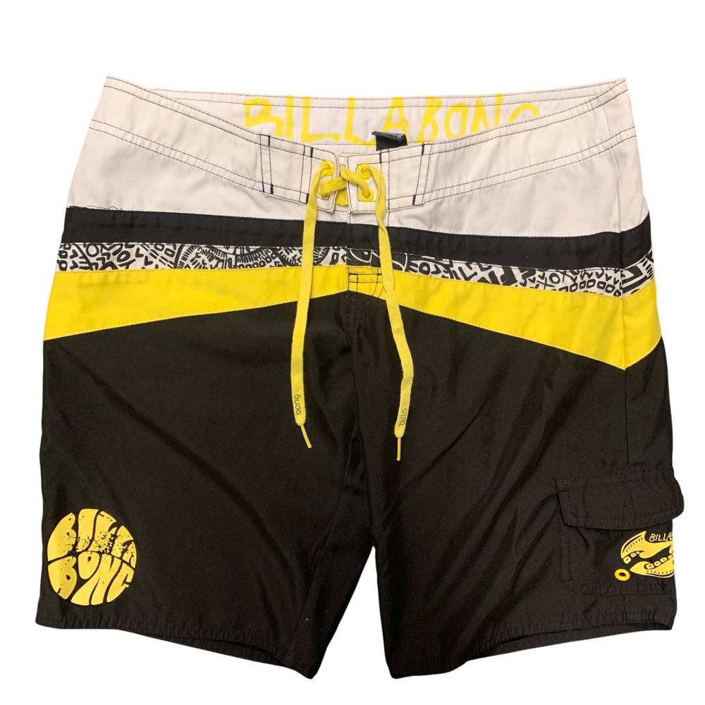 Billabong Boys Board Shorts Size 5 Black Yellow Colorblock Swim Trunks JI05ABEN